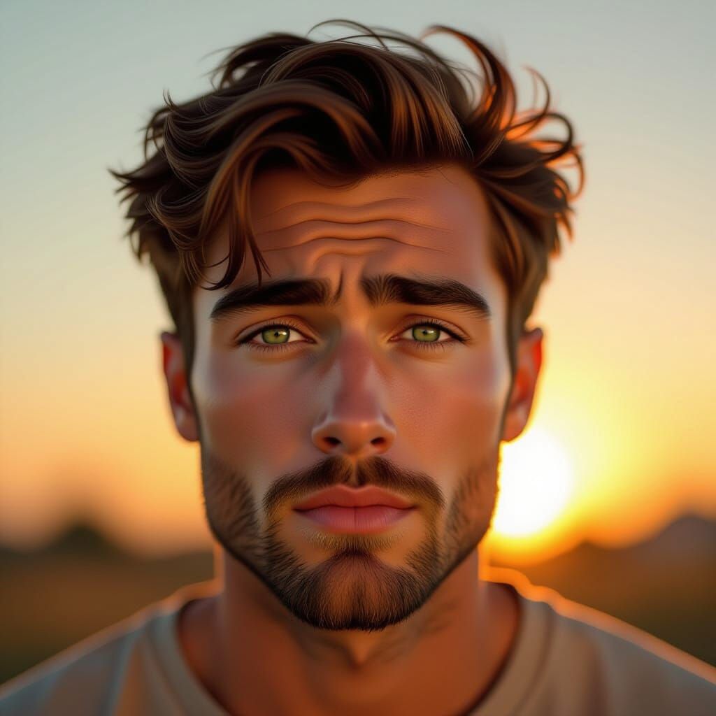 Hyperrealistic Portrait of Awestruck Man in Golden Hour