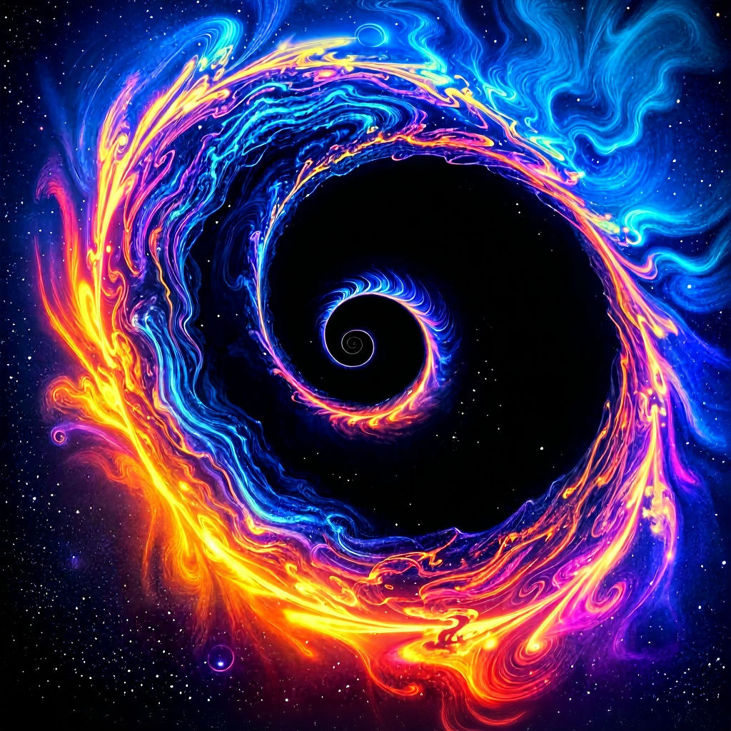 Pyschedelic circle/portal with blue, red, purple, yellow, orange, spiraling like a black hole. black background and in outer space