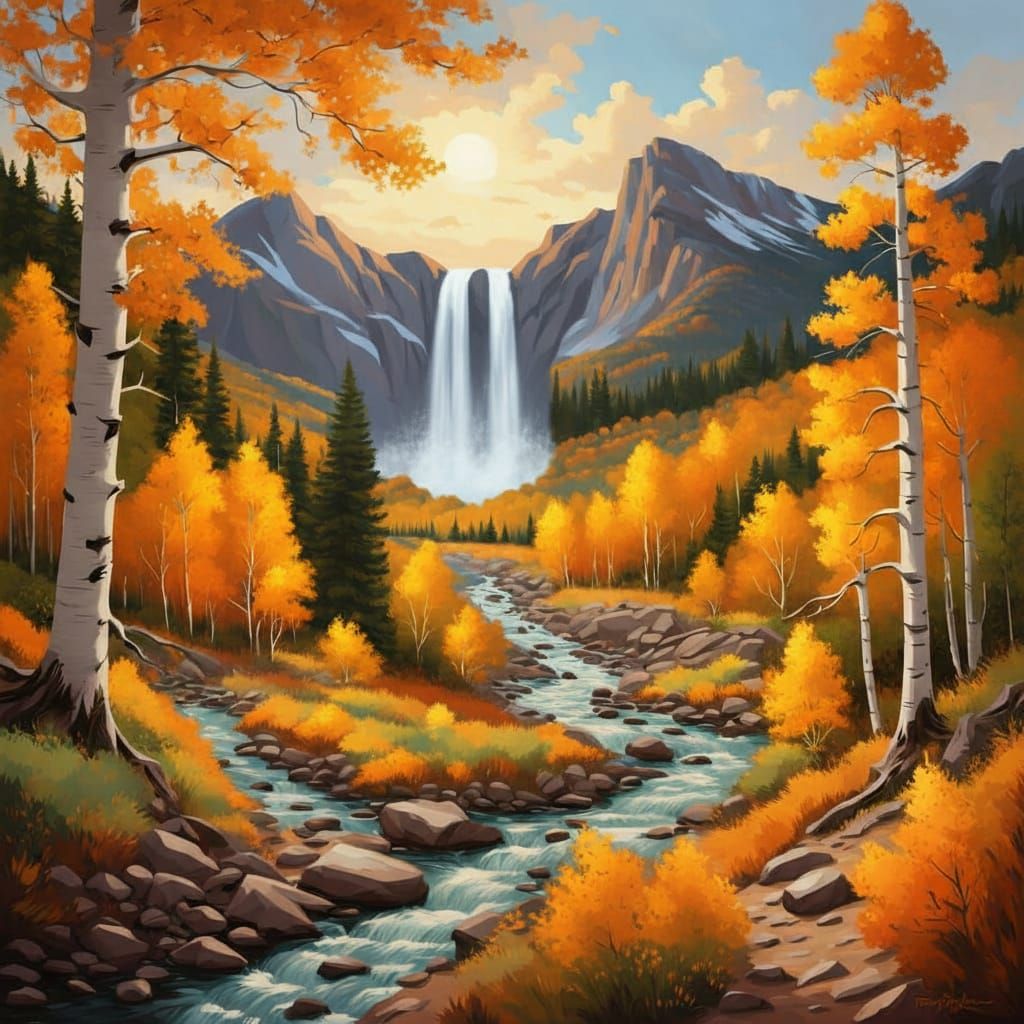 Setting is autumn in the Rocky Mountains of Colorado. Golden Aspen trees changing colors in the fall. A soft forest floor covered in fallen ...