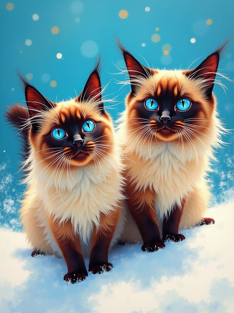 pop art, colorful portrait of two long hair siamese cats wit...