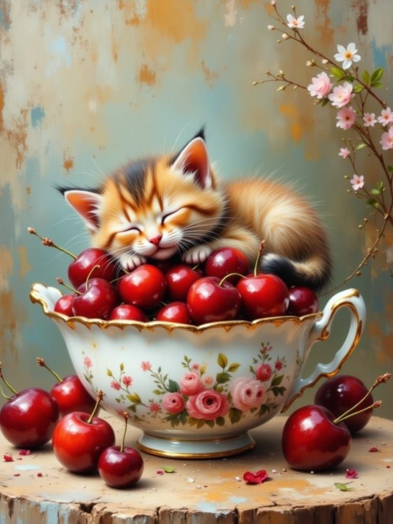 Fluffy Kitten Sleeps in Cherry Bowl, Impasto Style