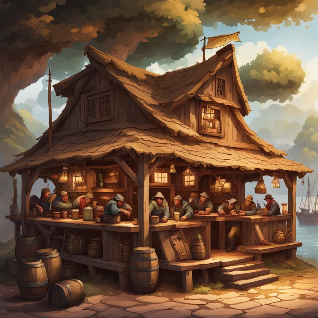 one story wooden tavern with canvas canopy on roof with drun...