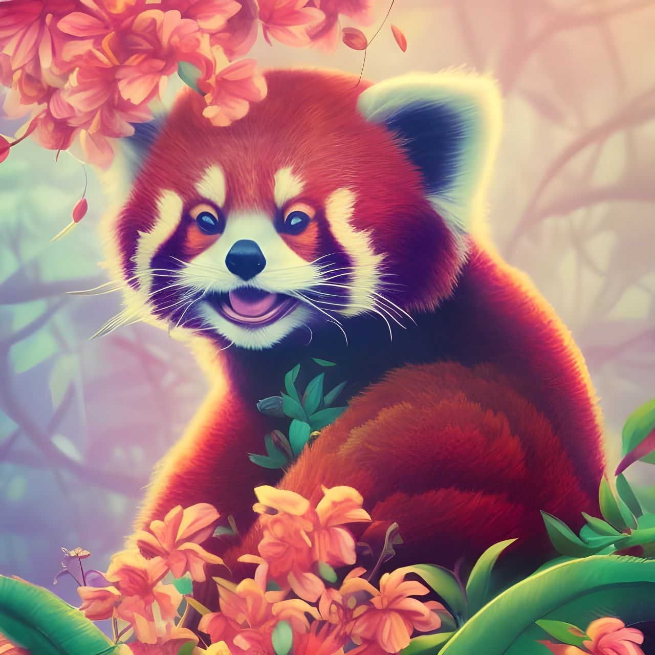 leafy forest with a Strybkstyle red panda walking through the    Arthubai