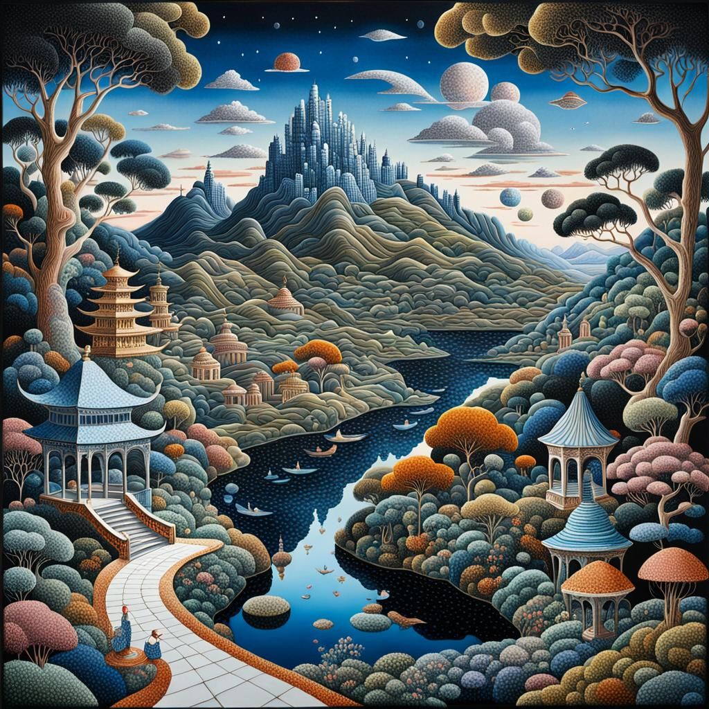  Surreal Cubist Dreamscape, whimsical Raqib Shaw dramatic scenery, beautiful mesmerising   by @Groovyspecs