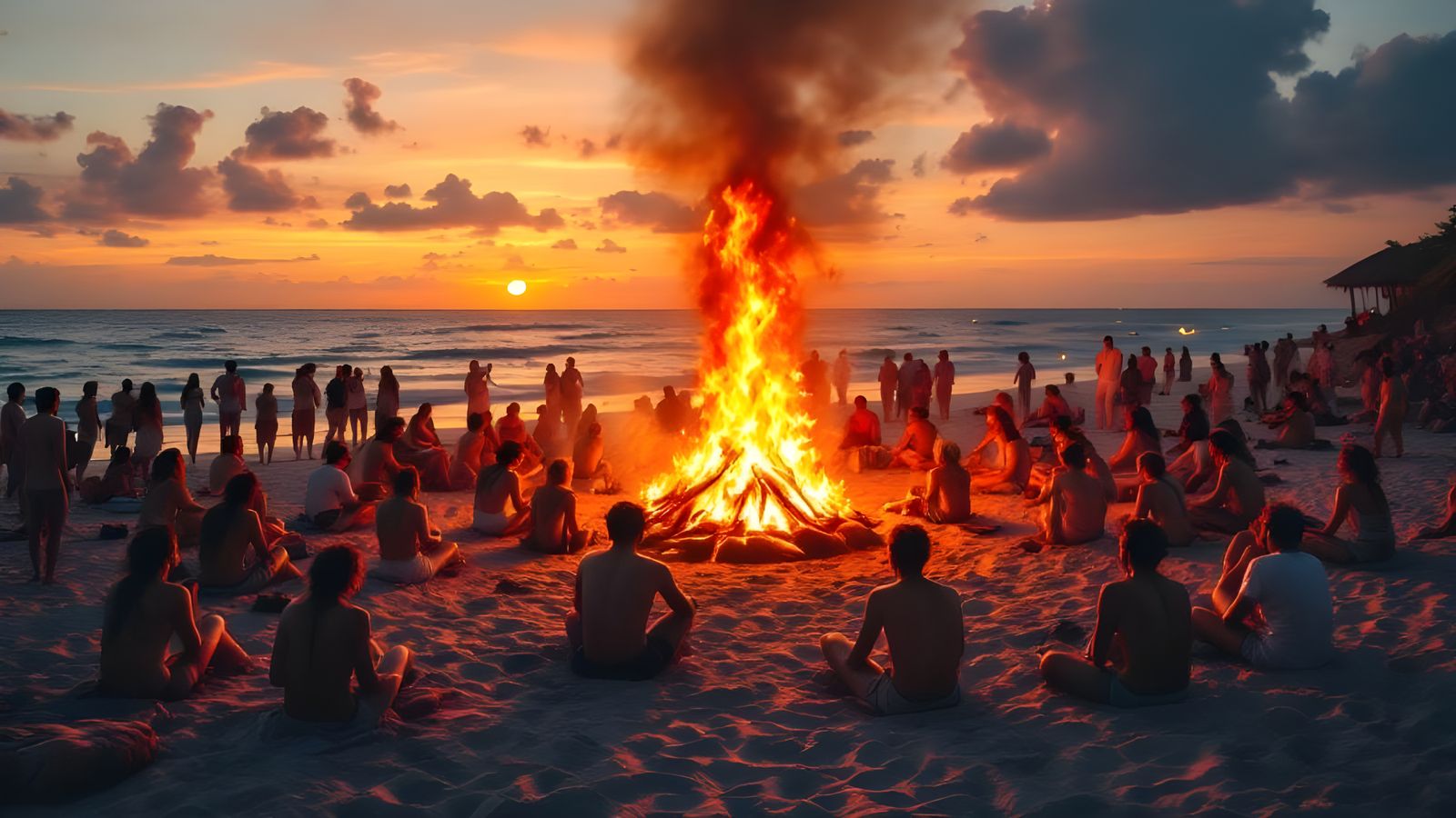 A Beach Party With a large Bonfire with lots of people sitting around it  by @KOSH