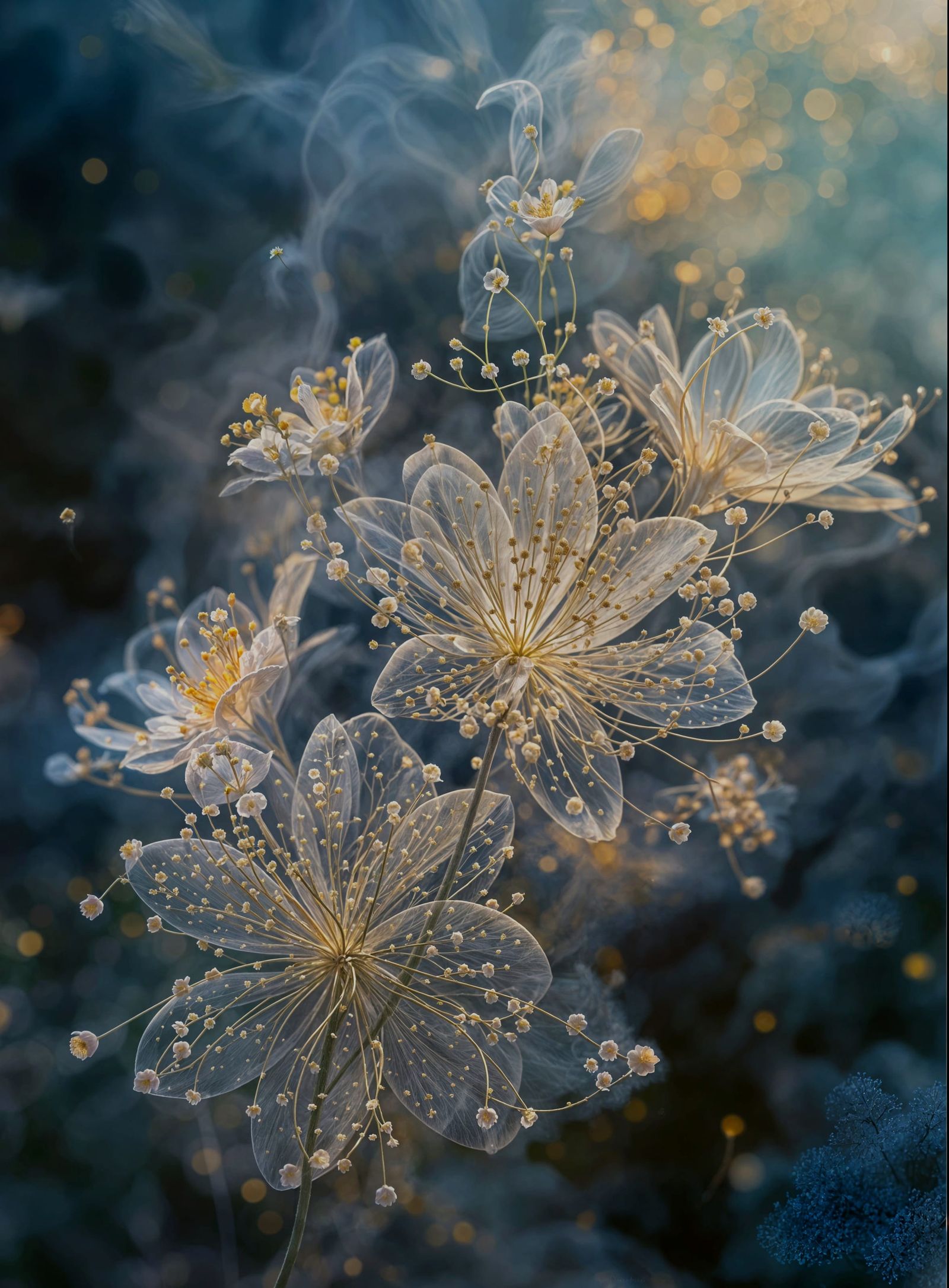 Delicate Detailed Ethereal Gilded Whimsical Fantasy Flower Blossoms emerging from wispy mist :: ...  by @g r r c