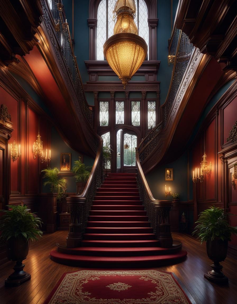 Victorian mansion foyer, a staircase on each side of the foy...