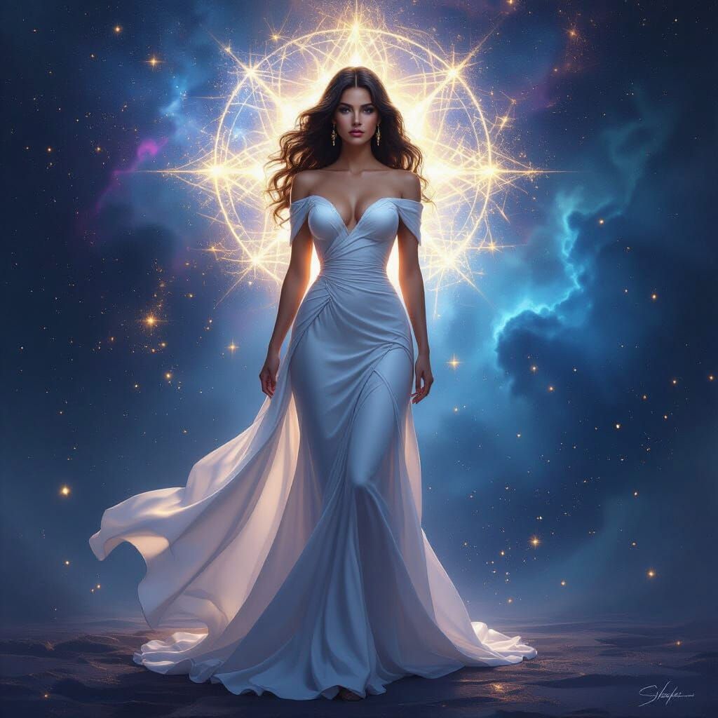 She walks confidently forward, we see her facial radiance approaching us, she then pauses bringing her hands into prayer position, closes he...