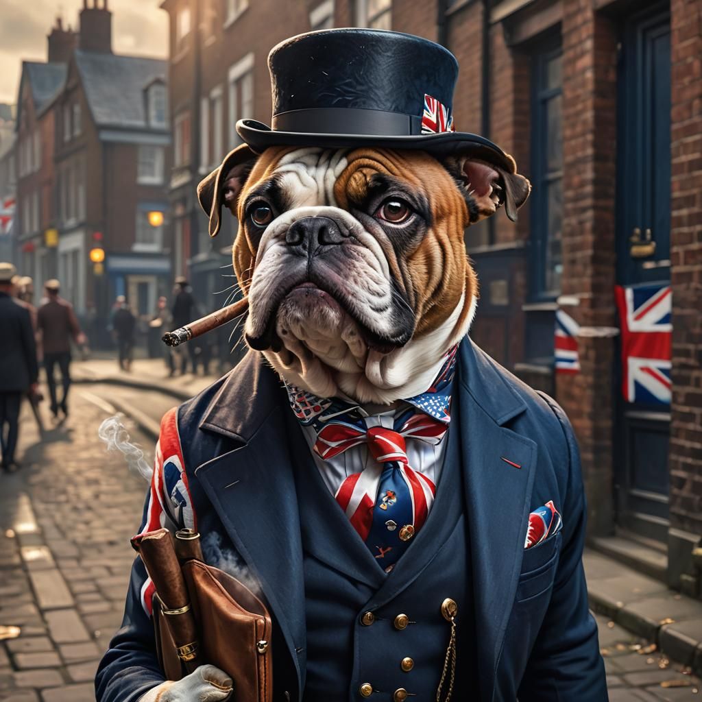 Bull Dog dressed in union flag waistcoat, watch fob, bowler ...