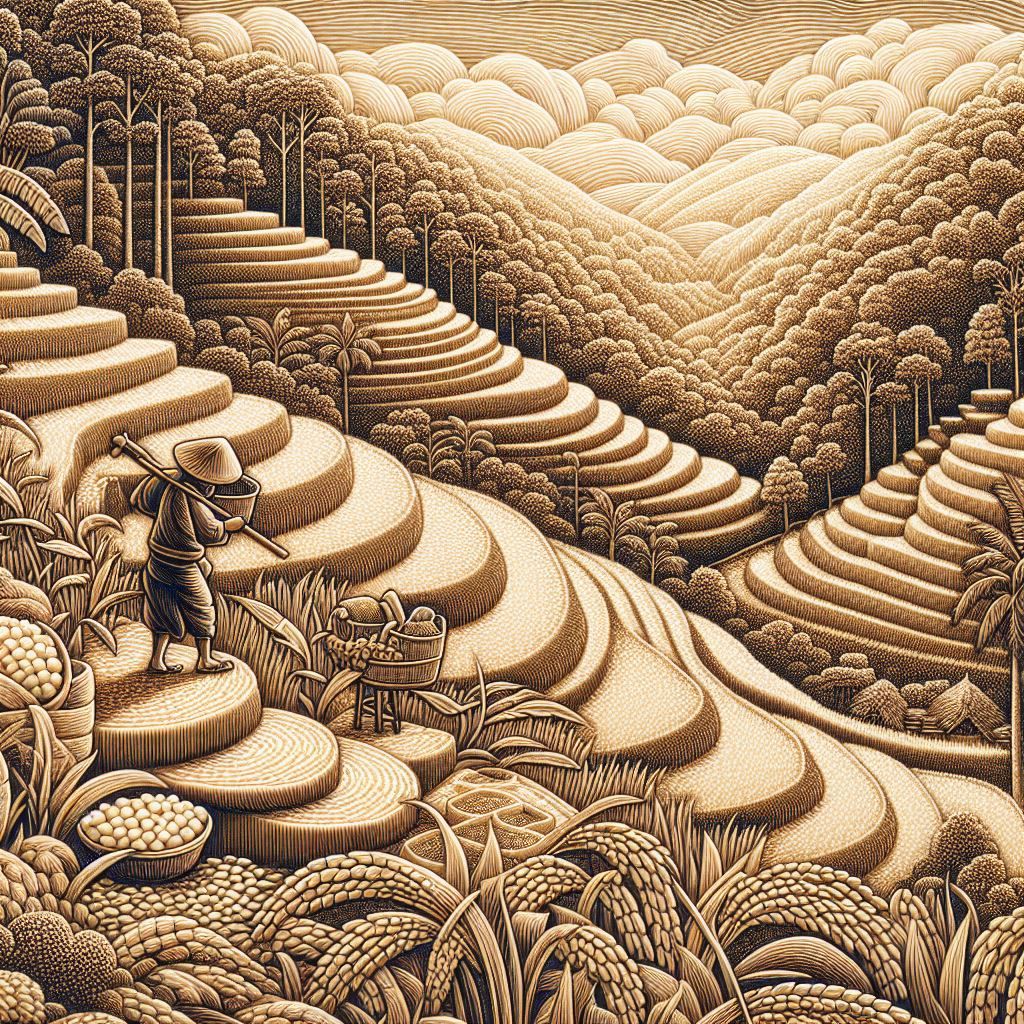 A rice farmer working in a terrace field, engraving