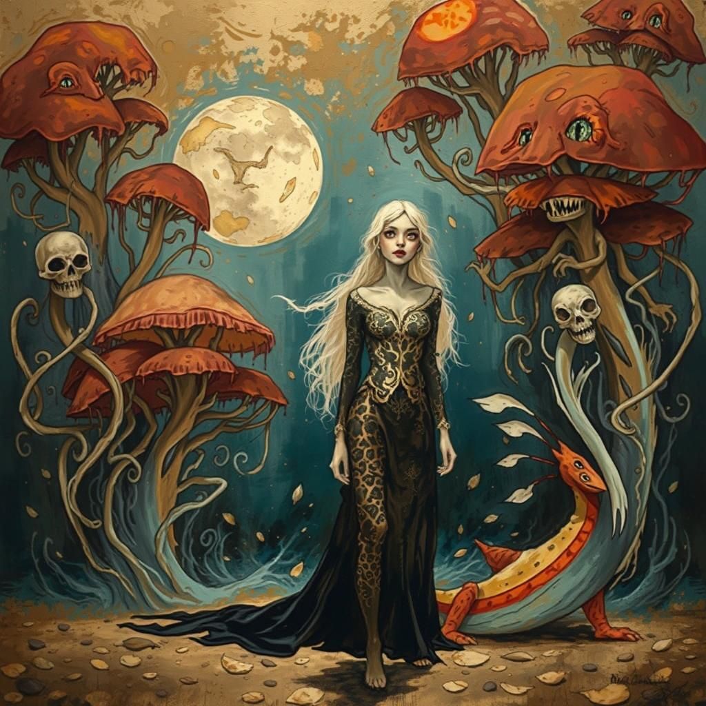 odd sketch of woman amongst wild fauna
