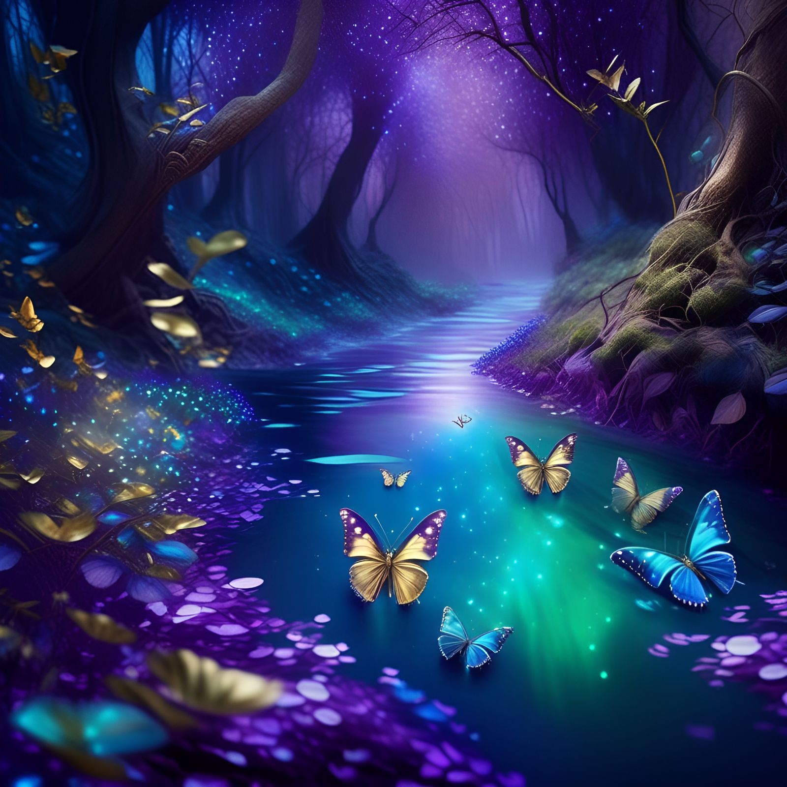 A magical river in the enchanted woods; purple and blue and green ...