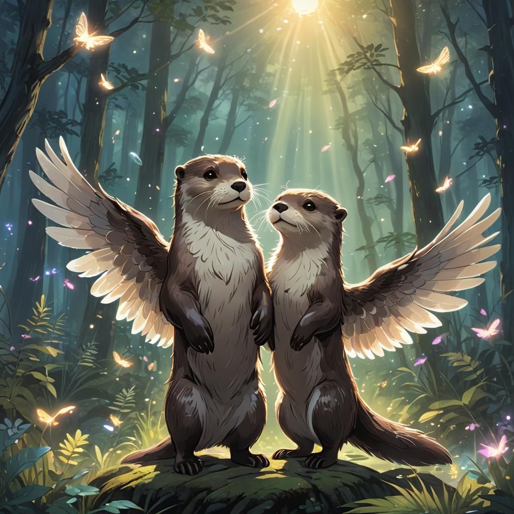 Anime Otter with Angel Wings in Forest