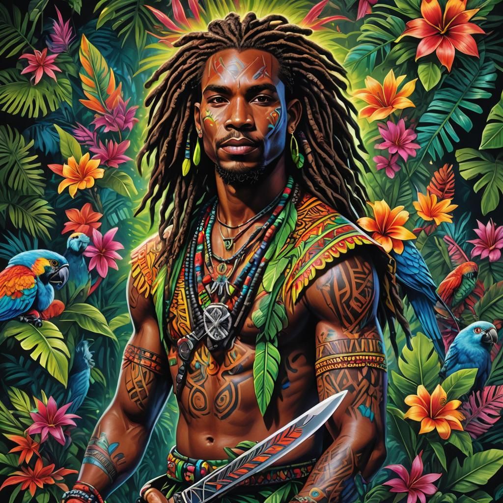 A vivid tattoo-style airbrush of a brown-skinned African Ame...
