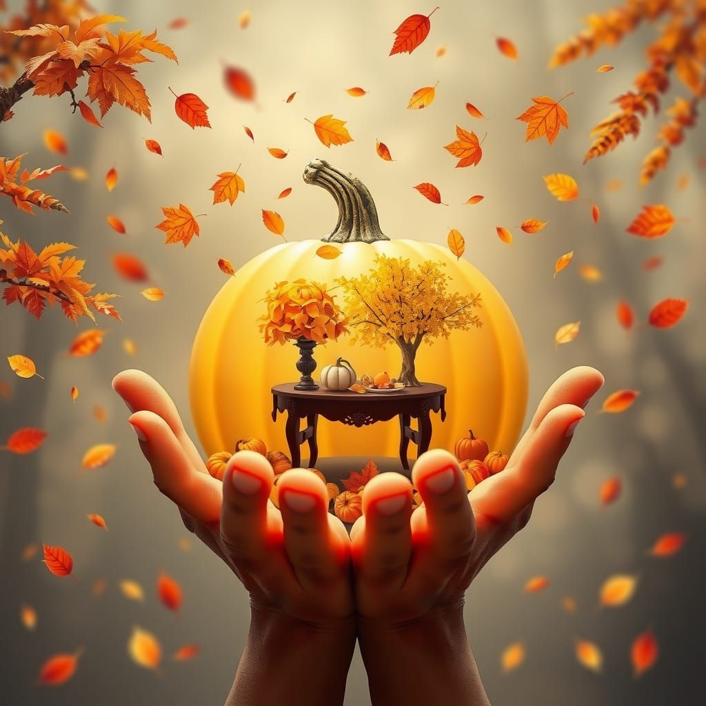 A translucent pumpking vector background,  on it is a giant Open hands, in the palm of the hands is a table with tradicional autumn good, su...