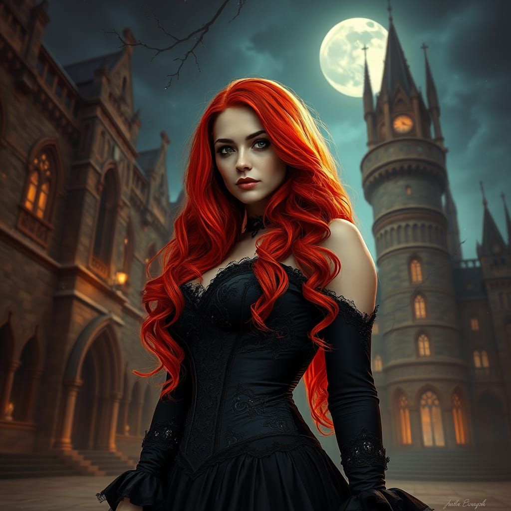 Mysterious Gothic Maiden in Moonlit Castle Courtyard