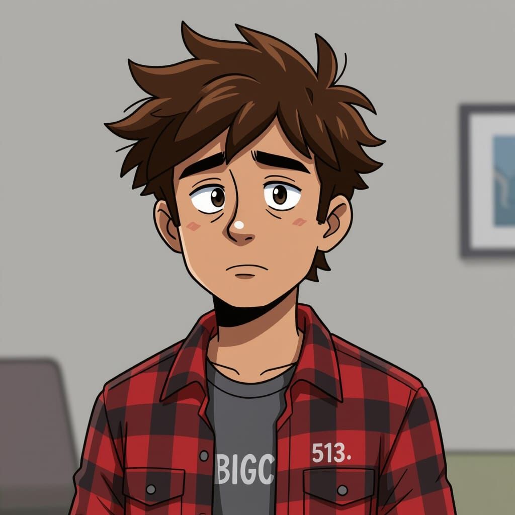 "A stylized cartoon of a young man in the visual style of The Boondocks — sharp outlines, expressive facial features, and a moody, urban aes...