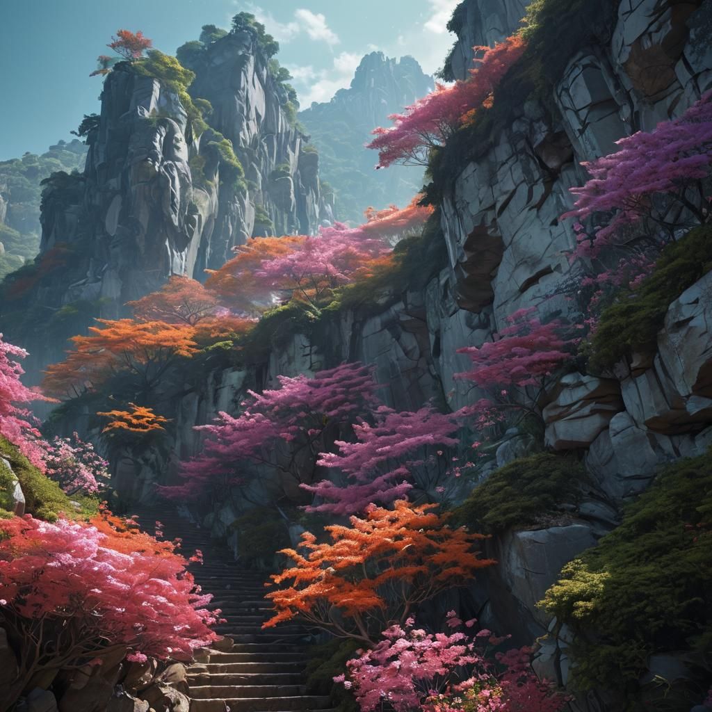 Otherworldly Blooms paint colorful pearlescent Cliff stairs reach high into the sky, multiple levels plateau into small groves of trees the...