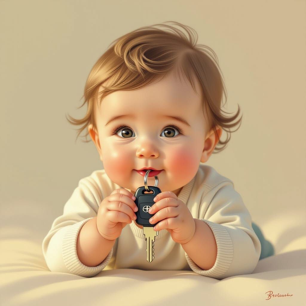 Baby Holding Car Keychain with Whimsical Charm