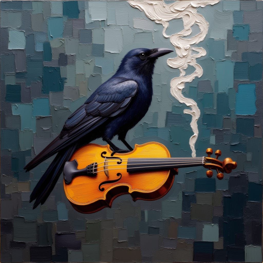 <lora:MJ7 Surreal Painting:1.0> A crow perched on a violin, both slowly turning to smoke; thick impasto oil paint acrylic brush strokes imp...