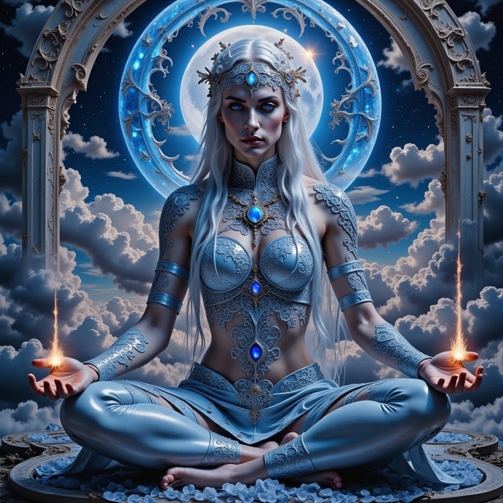 Amazing detailed photorealistic mandala blacklight UV light portrait beautiful woman white hair shaman tribal tattooes surrounded by fractal...