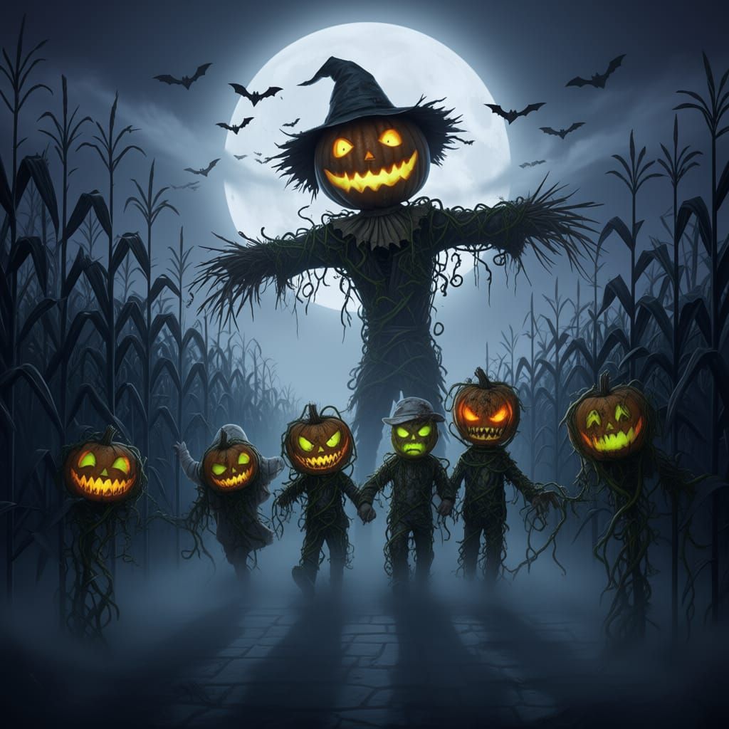 Setting is a haunted corn maze and pumpkin patch.  Low thick misty path. Glowing eyes in there dark between the corn stalks. Pumpkin headed ...