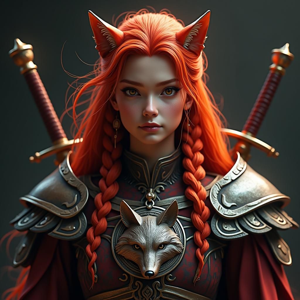Portrait d'un humain guerrier aux long cheveux roux avec deux épées dans le dos. Il porte un médaille en forme de tête de renard autour du c...