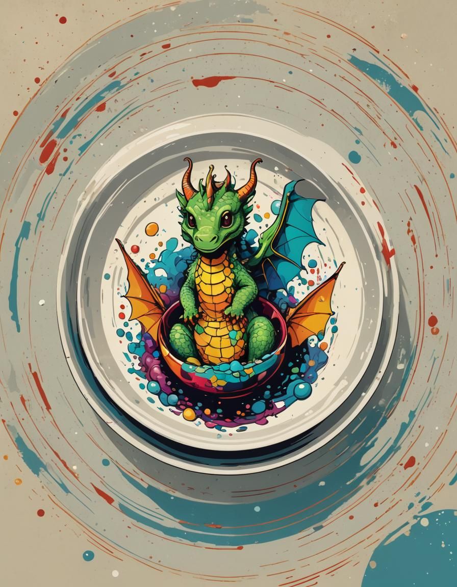 Tiny cute dragon, bathing in a bowl