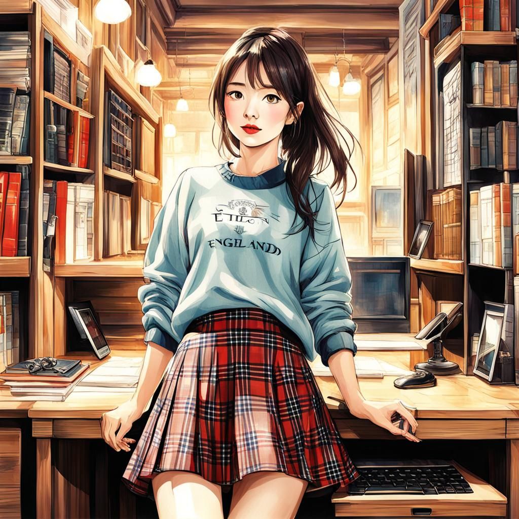 Girl in Plaid Skirt with Computer, Surrealist Style