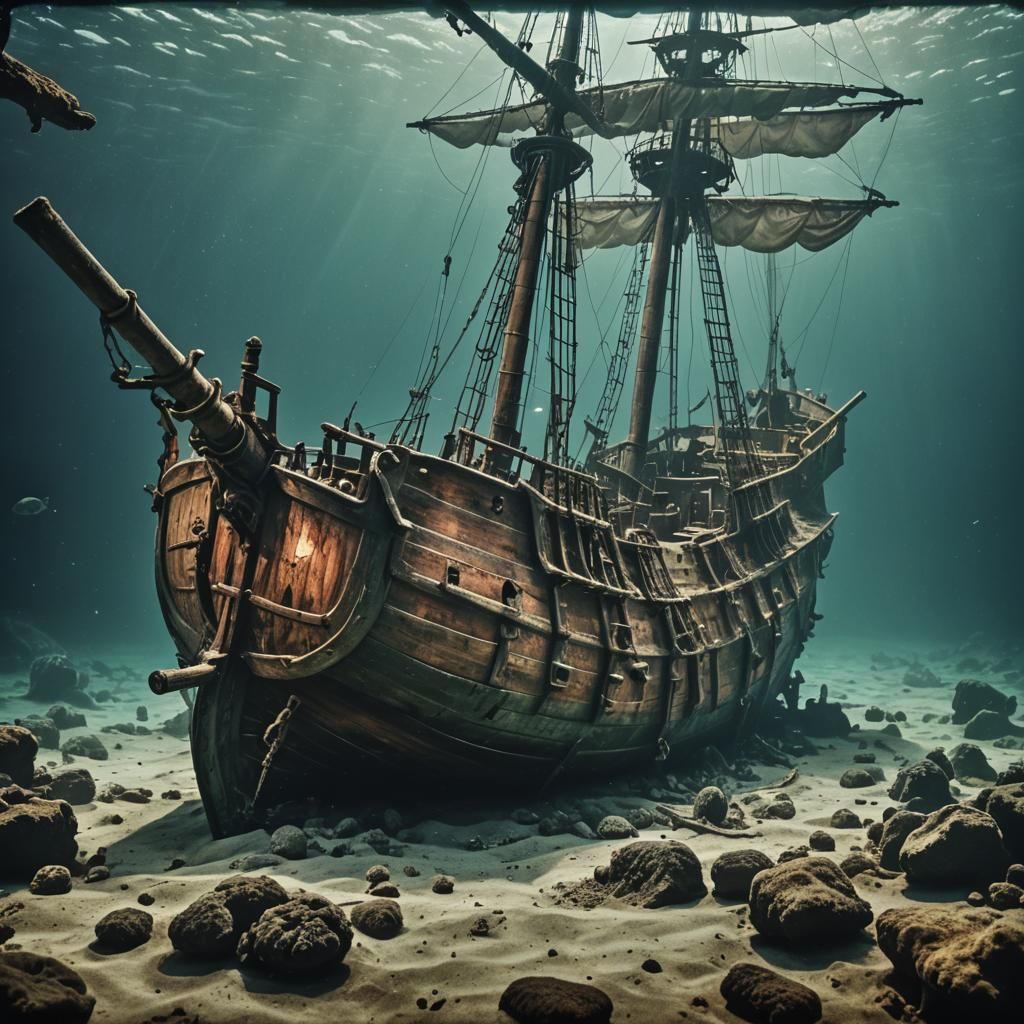 Underwater wooden Spanish galleon shipwreck Cinematic film s...