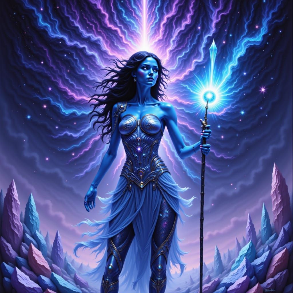 Mentalya cosmic warrior woman with striking blue skin, stands confidently amidst a field of glowing crystalline structures. Her eyes glow wi...