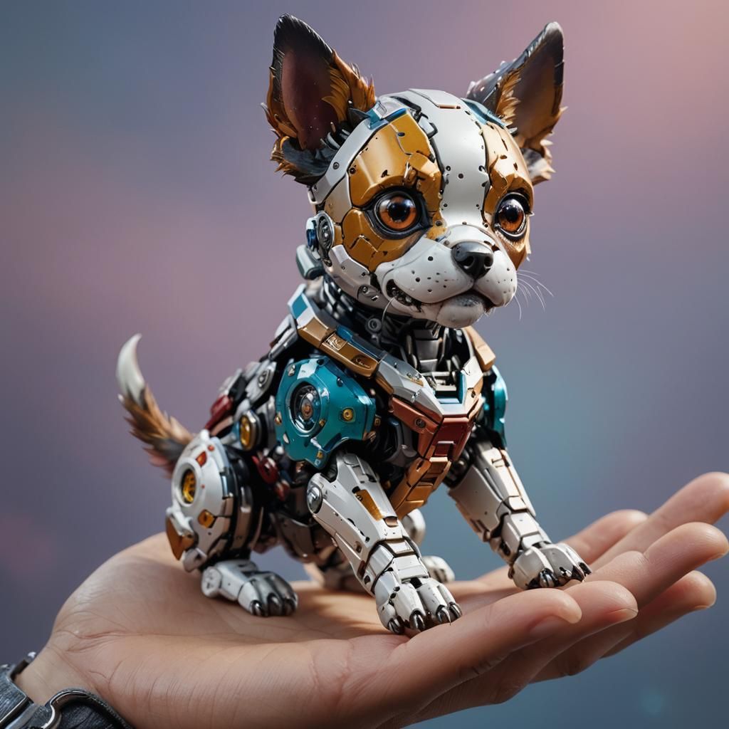 a tiny Mecha dog in the hand, Hyperrealistic, splash art, concept art, mid shot, intricately detailed, ...  by @ByToi