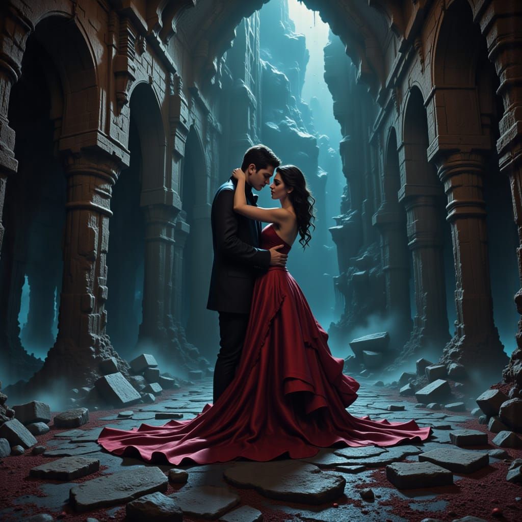 <lora:Dragon lair:1.0> image of a vampire couple dancing in an abandoned castle. Hyperdetailed incredible composition.