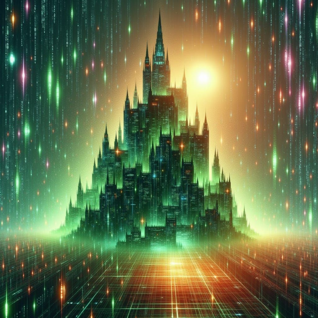 Glitchcore (((Binary code dream))) background, (((double exposure: transparent holographic glowing limegreen futuristic stronghold entirely ...