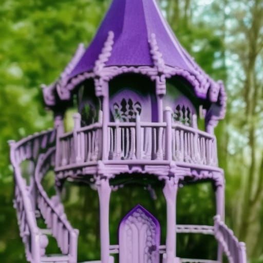 Legendary dreamy gothic purple treehouse with purple blossoms in the