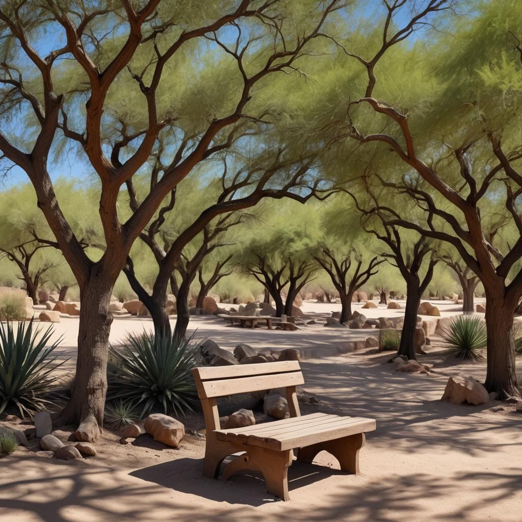 A pretty shaded bench in a romantic desert wildlife park with animal ...