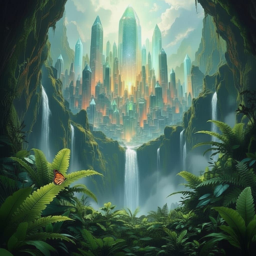A magnificent, towering city built entirely from colossal, ancient crystals that pulse with inner light, nestled within a colossal, moss-cov...