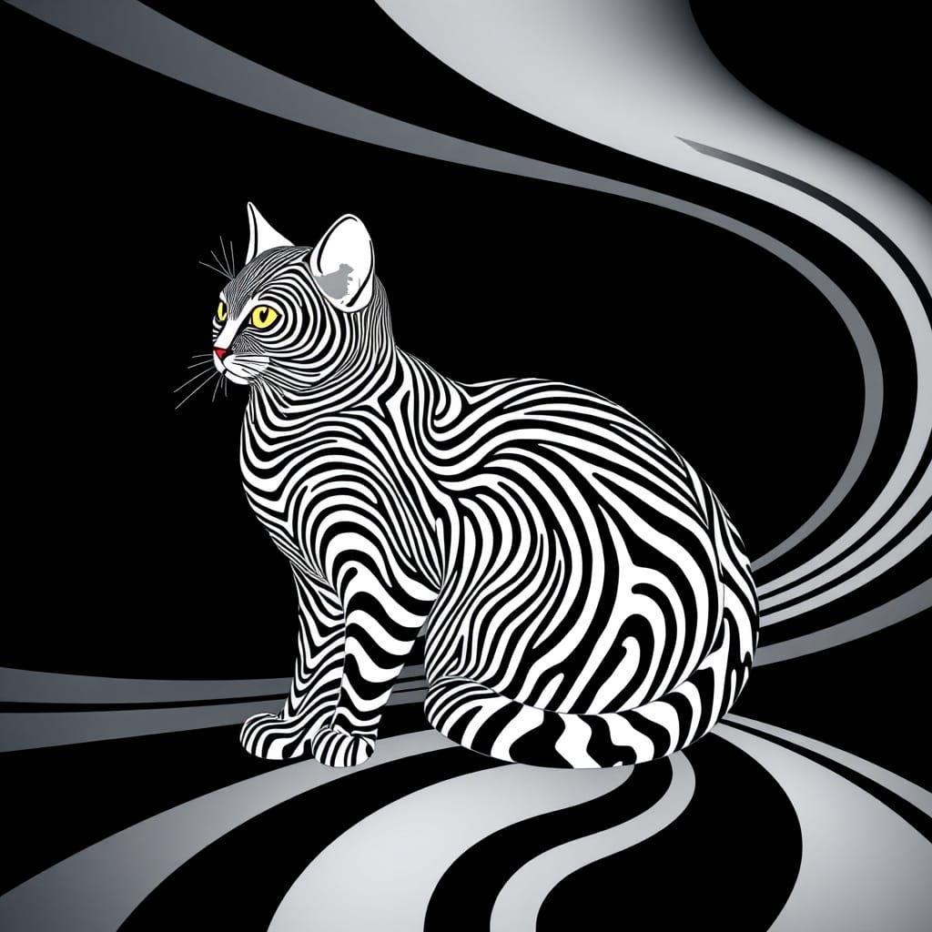Style of Bridget Riley, Black and white Op Art stylised cat  by @Alison