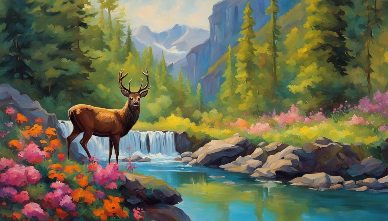 Deer by the Forest Waterfall