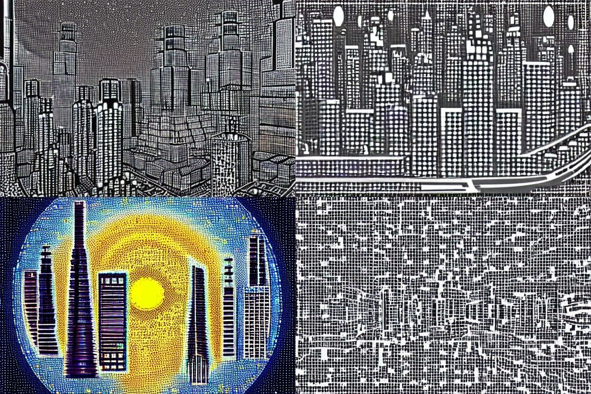Sci-fi city in the style of Kinetic Pointillism