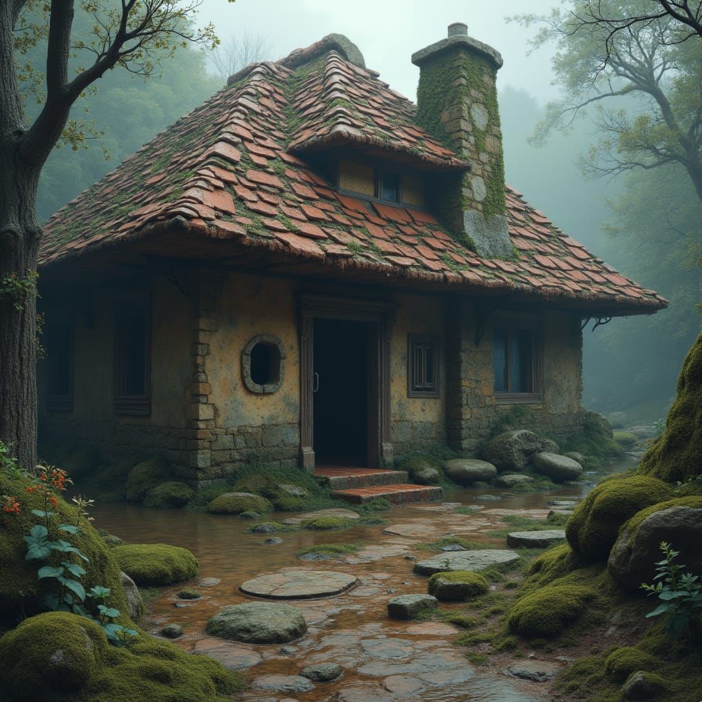 Ancient Stone House with Crumbling Roof, Matte Painting
