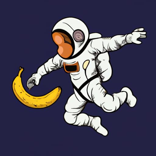 Chimpanzee astronaut chasing a floating banana.