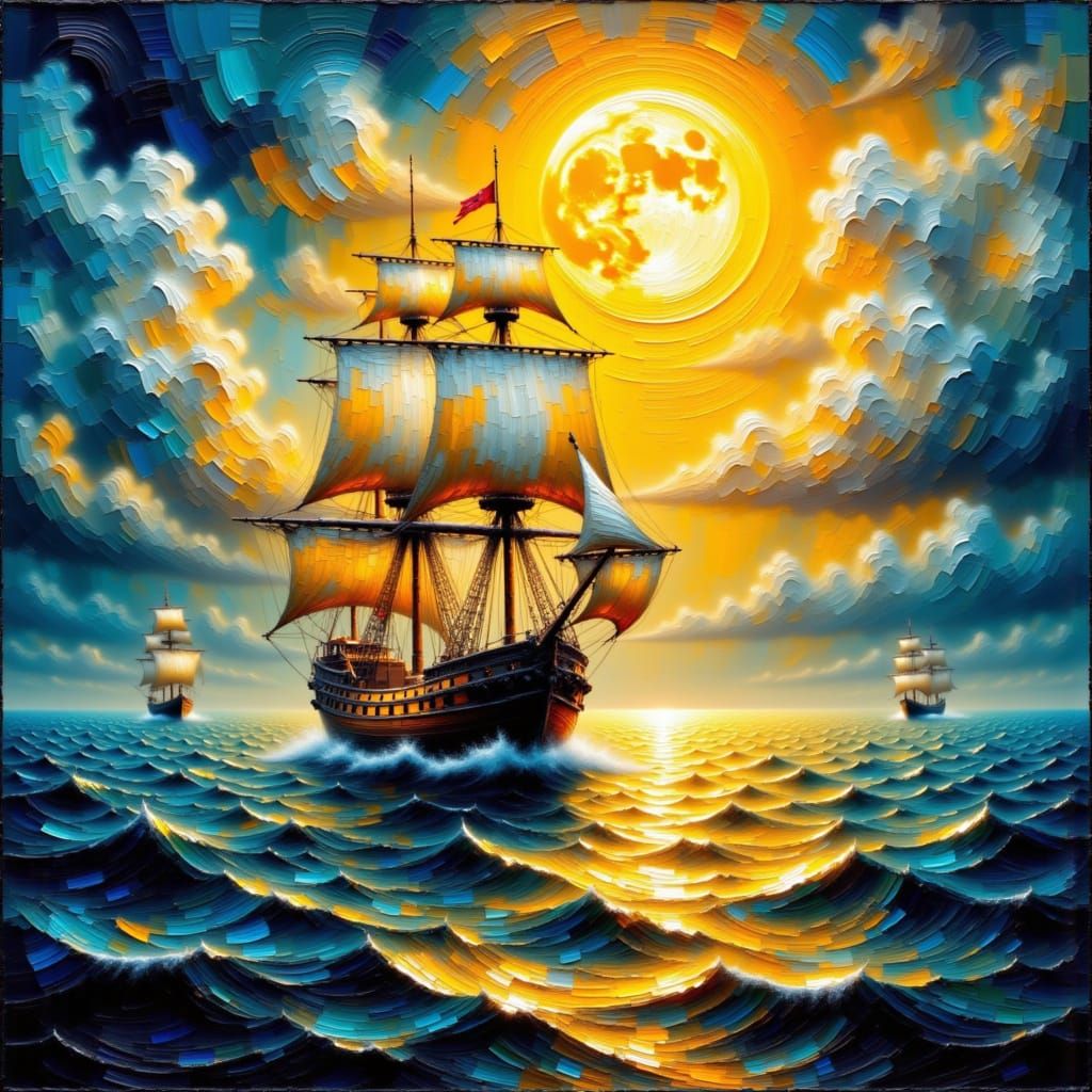 <lora:Impasto 1-01:1.0> Sailing ship at anchor in a 17th century Caribbean harbour port at night, under a large yellow moon, with warm gold...