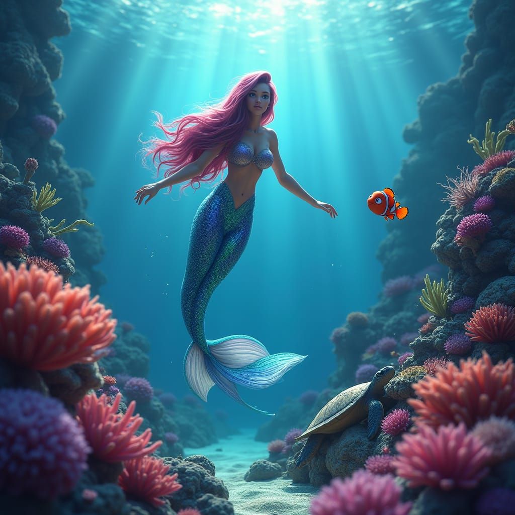 a mermaid swimming in a colorful ocean with nemo and a sea turtle detailed matte painting, deep color, fantastical, intricate detail, splash...