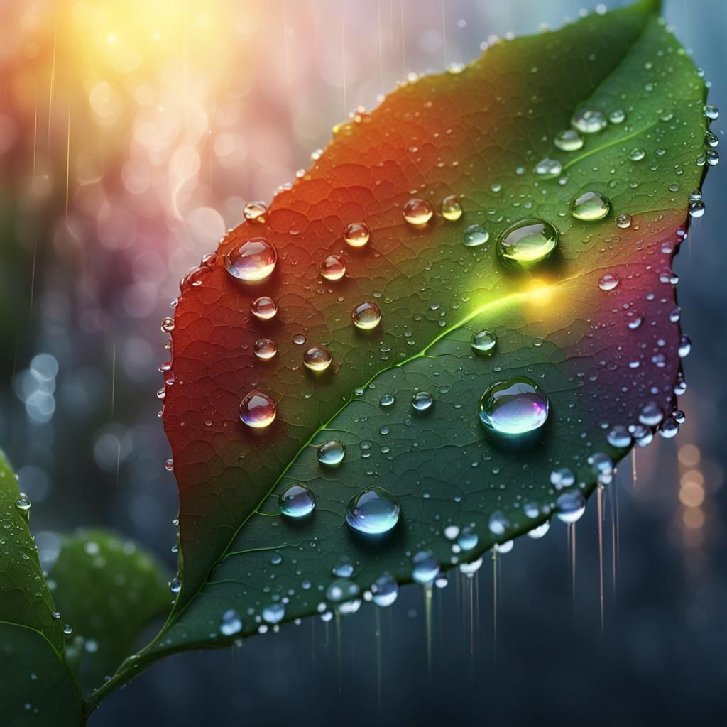 Dew drops on a plant leaf with a rainbow  by @Your_Local_Mistake