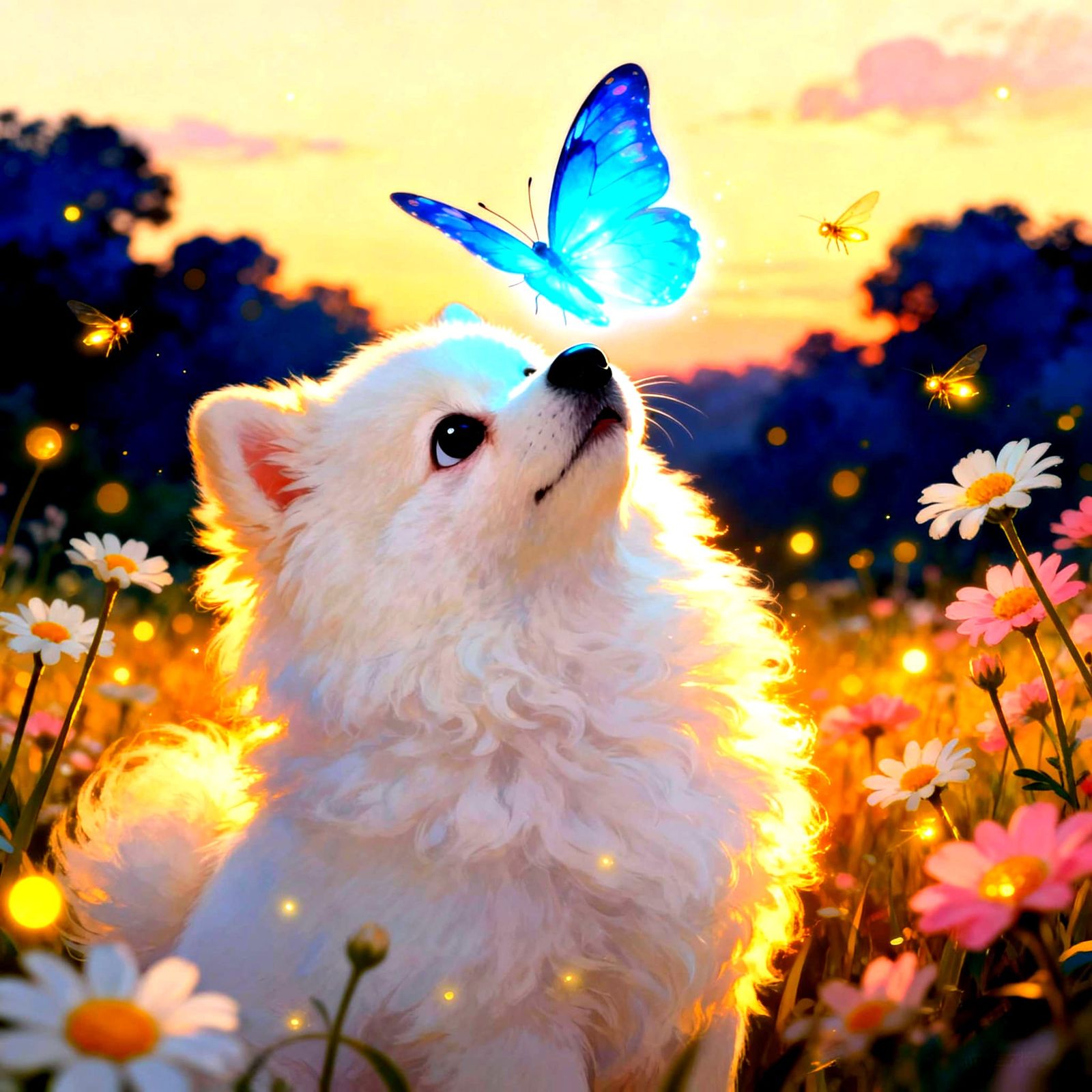 Adorable Puppy Meets Glowing Blue Butterfly at Golden Hour