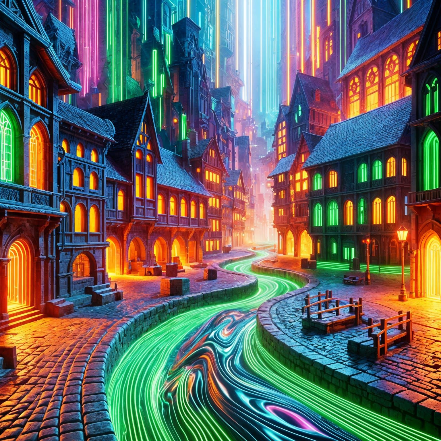 A medieval village explodes in neon glow.
Green rivers swirl through orange cobblestone streets.
Time ...  by @KomBib