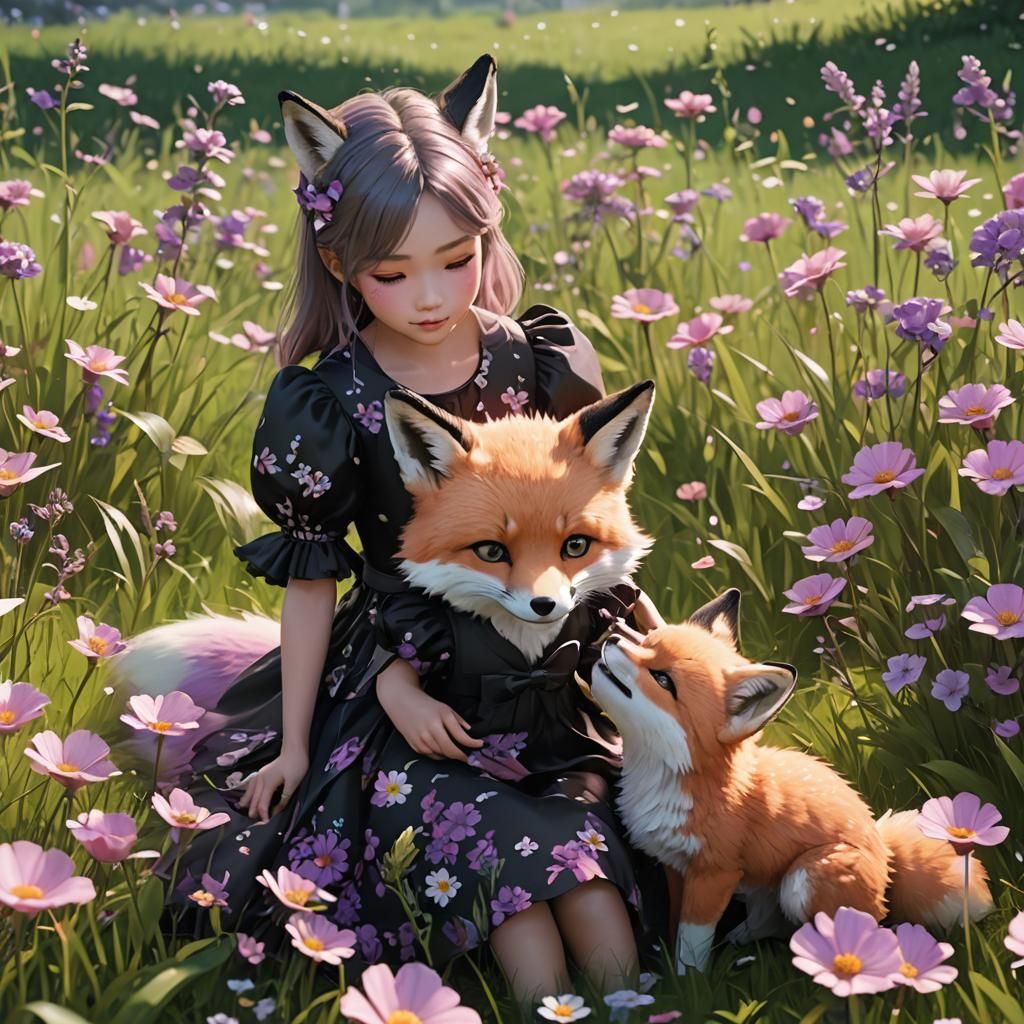 a pink and purple fox cub playing with a little girl dressed...