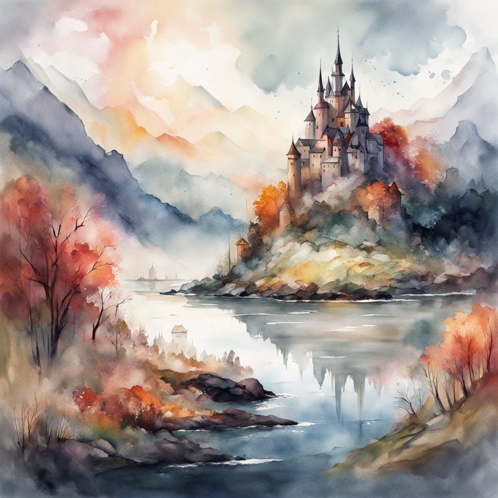 Fantasy Castle by Frozen Lake in Watercolor Style