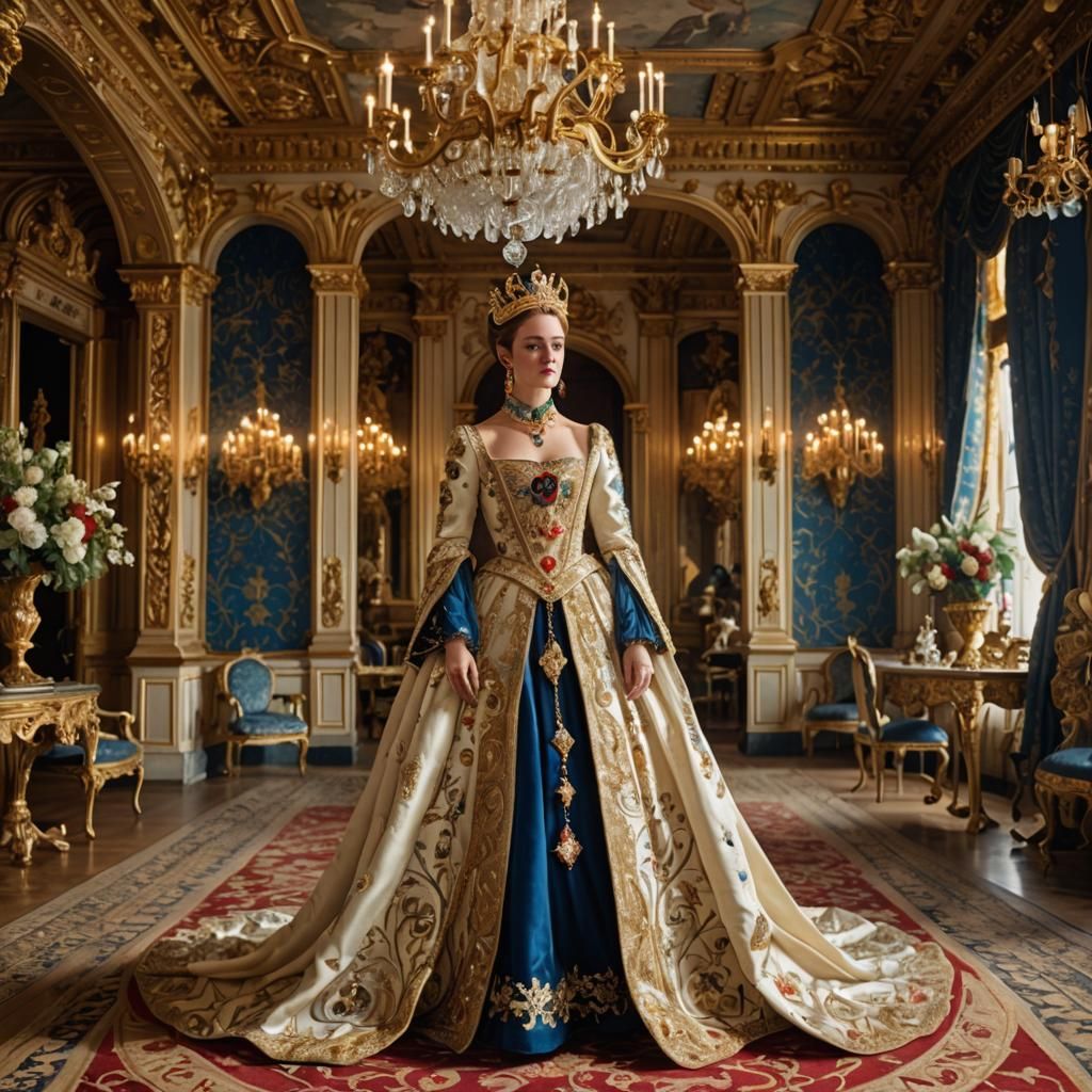 a person dressed in a royal attire reminiscent of European h...